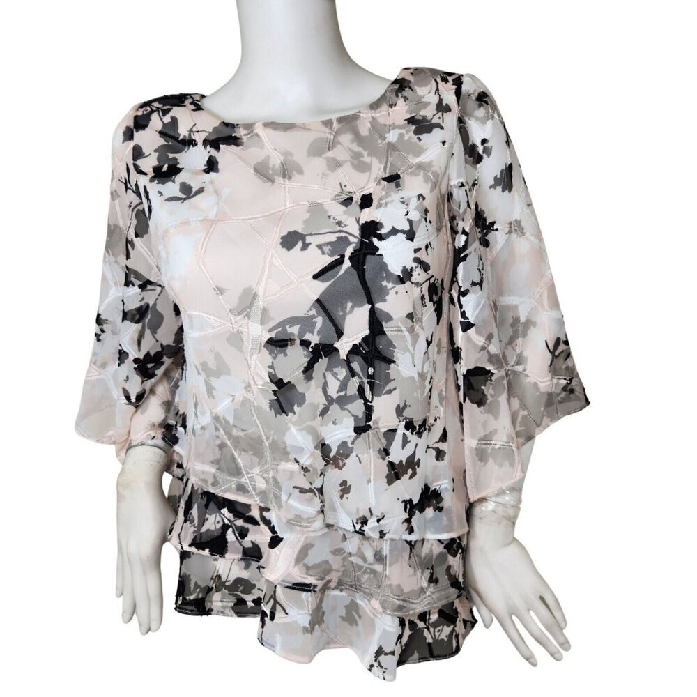 Alex Evenings Women's Size S Floral Printed Tiered 3/4 Sleeve Blouse Blush (12)